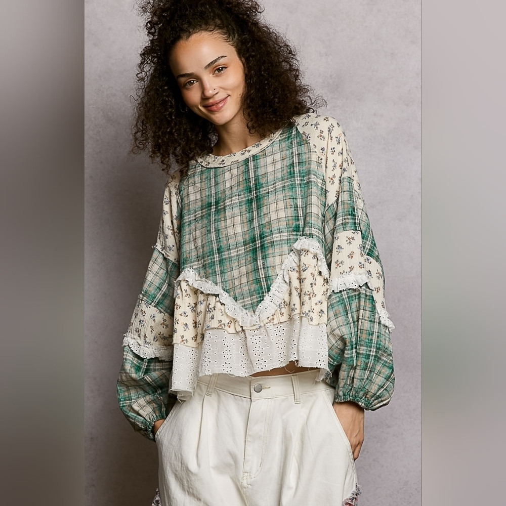 POL Green Plaid Flannel Mixed Media Patchwork Balloon Sleeve Baby Doll Top - Picture 2 of 15